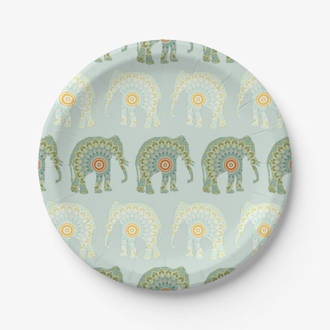Elefant und Mandala in Hellgrün Pappteller (Vorderseite)
