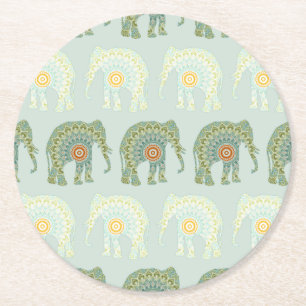 Elefant und Mandala in Hellgrün Runder Pappuntersetzer