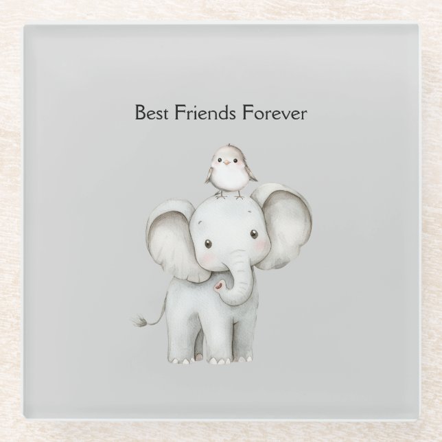 Elefant und Vogel beste Freunde Glasuntersetzer (Vorderseite)
