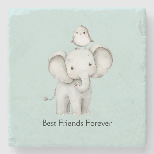 Elefant und Vogel beste Freunde Mint Steinuntersetzer (Vorderseite)