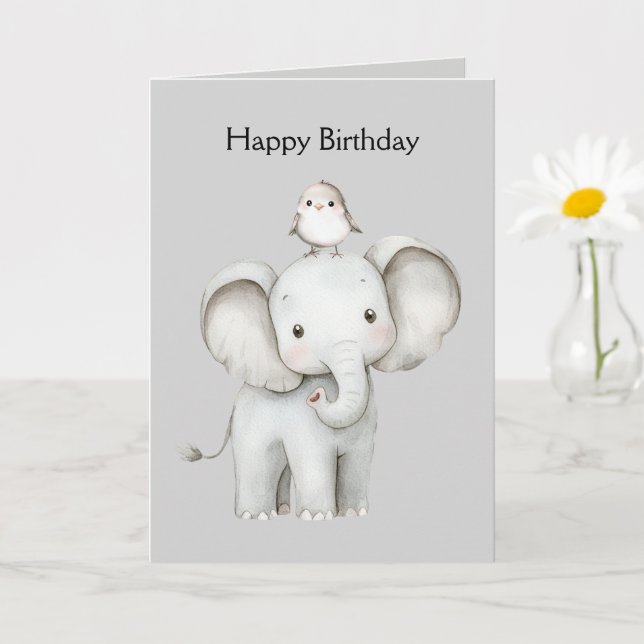 Elefant und Vogel Geburtstag Karte (Kleine Pflanze)