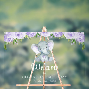 Elefant, violette Blumen, Empfang zum ersten Gebur Acrylschild