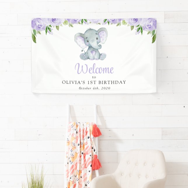Elefant, violette Blumen, Empfang zum ersten Gebur Banner (Insitu)