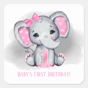 Elefant von Babys zum ersten Geburtstag Text hinzu Quadratischer Aufkleber