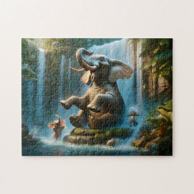 Elefant Wasserfall Spielende Dschungeltiere Puzzle (Horizontal)