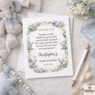 Elefant Wasserfarben-Baby-Party für Jungen – Blaue Dankeskarte