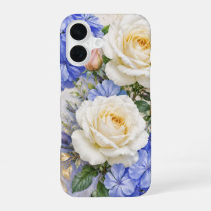 Elefant weiße Rose und blaues Blumen-Telefonetui . iPhone 16 Hülle