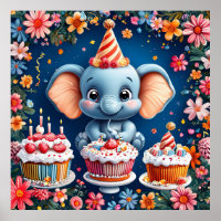 Elefant zum Geburtstag mit Kuchen und Ballons