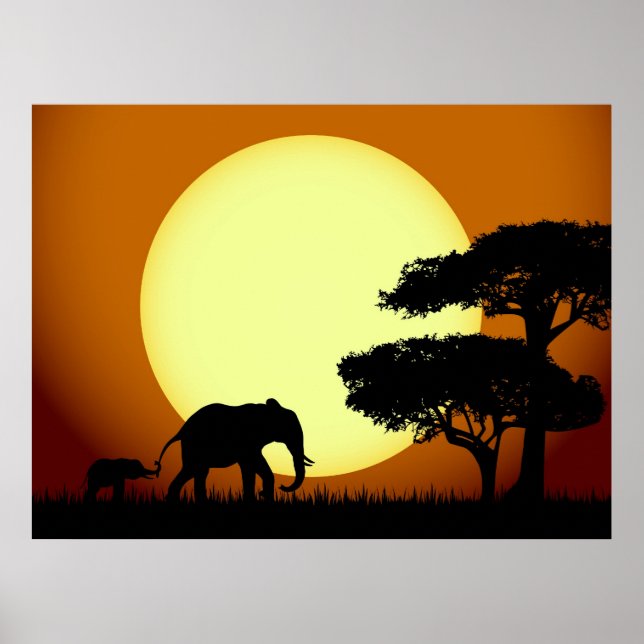 Elefanten bei Sonnenuntergang Poster (Vorne)