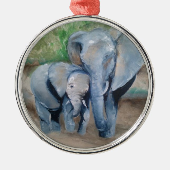 Elefanten bemuttern und Baby Silbernes Ornament (Vorne)