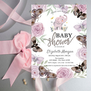 Elefanten Blumen Schmetterlinge Rosa Babyparty Einladung