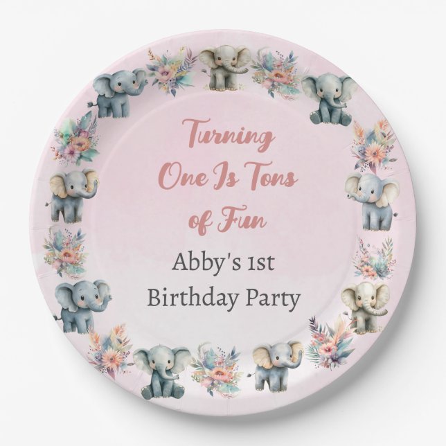 Elefanten & Boho Jungle-Blume auf Rosa Geburtstag Pappteller (Vorderseite)