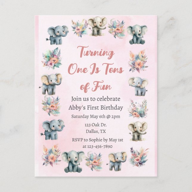 Elefanten & Boho Jungle-Blume auf Rosa Geburtstag Postkarte (Vorderseite)