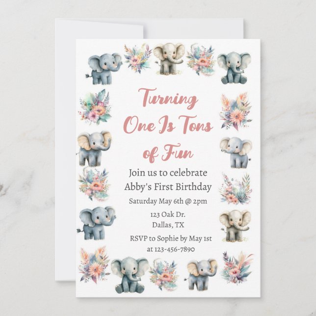 Elefanten & Boho Jungle Blume Geburtstag Einladung (Vorderseite)