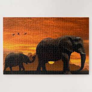 Elefanten Familie Jigsaw Puzzle bei Sunset Sky