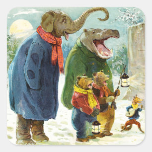 Elefanten, Hippopotamus & Bears Go Caroling Quadratischer Aufkleber