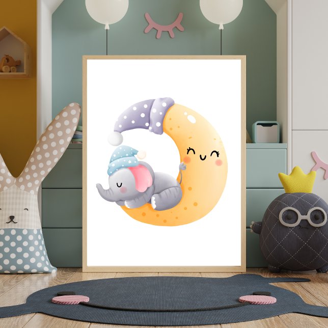 Elefanten im Moon Kinderzimmer Decor Poster schlaf (Elephant Sleeping in Moon Nursery Wall Art Decor Poster. Baby shower gift, baby gift)