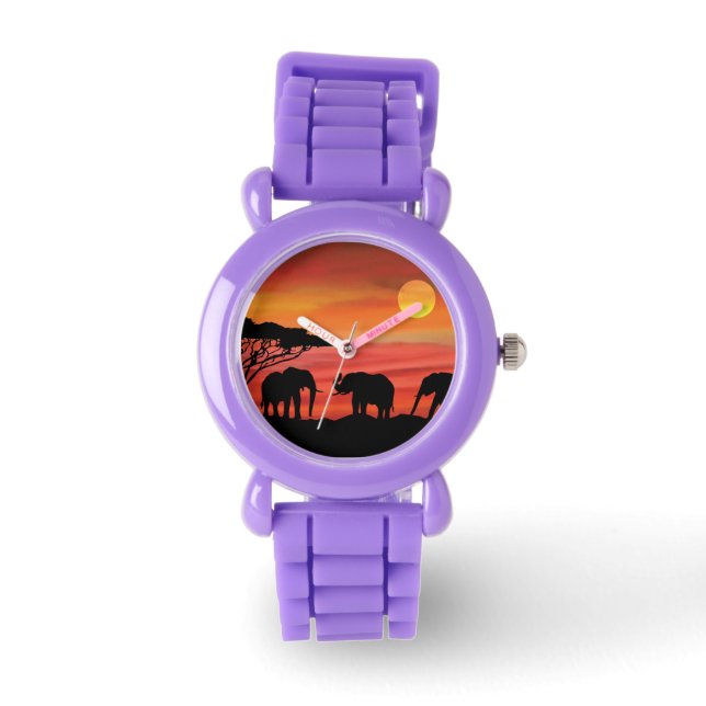 Elefanten im Serengeti Sunset Armbanduhr (Vorderseite)