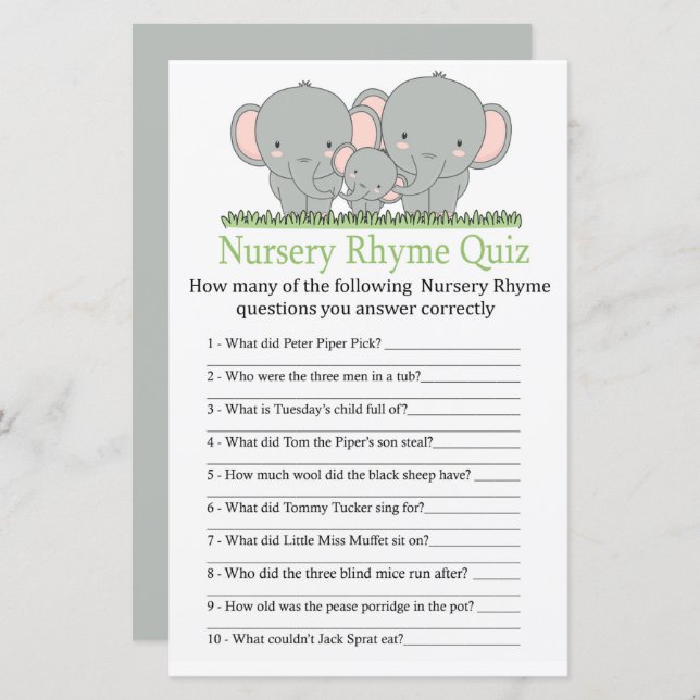 Elefanten Kinderzimmer Rhyme Quiz Babydusche (Vorne/Hinten)