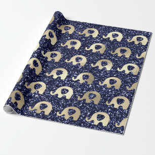 Elefanten Metallic Glitzer Gold Blue Navy Baby Boy Geschenkpapier