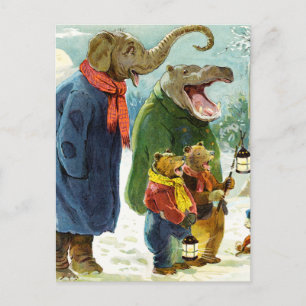 Elefanten Nilpferde und Bären beim Weihnachtsliede Feiertagspostkarte