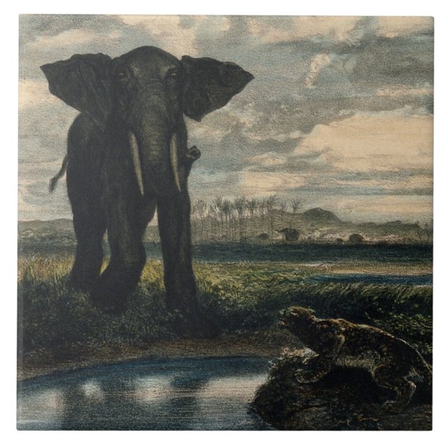 Elefanten und ein Panther in der indischen Wüste Fliese (Vorderseite)