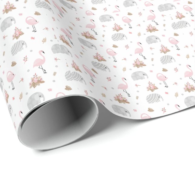 Elefanten und Flamingos Wrapping Paper Geschenkpapier (Rolleneckpunkt)