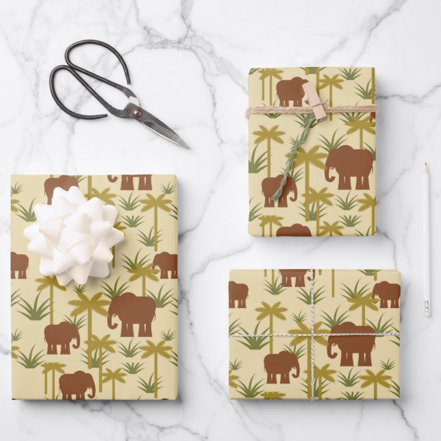 Elefanten und Palmen in Camouflage Geschenkpapier Set (Vorderseite)