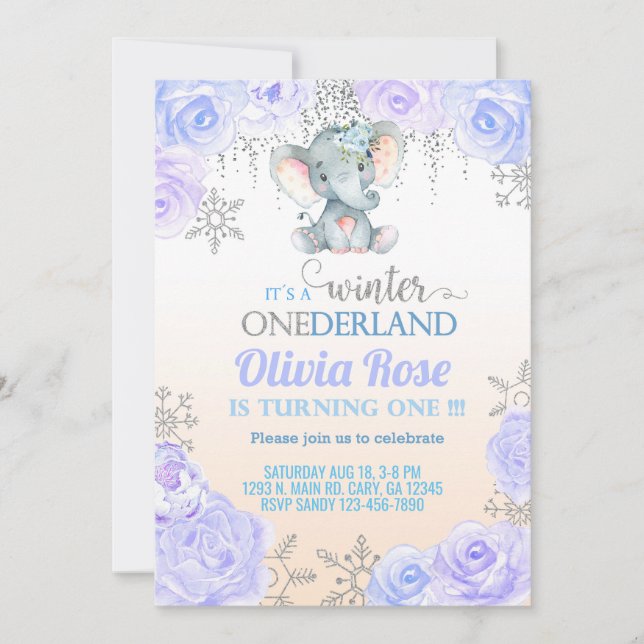 Elefantenmädchen zum ersten Geburtstag einladen. e Einladung (Vorderseite)