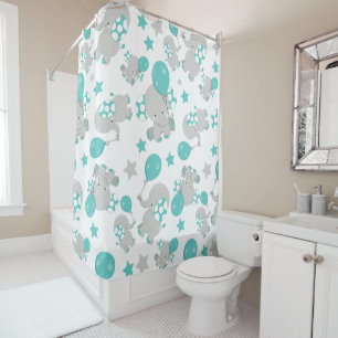 Elefantenmuster, Niedliche Elefanten - Blau grau Duschvorhang