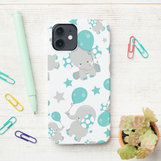 Elefantenmuster, Niedliche Elefanten - Blau grau iPhone Hülle (Auf dem Schreibtisch)