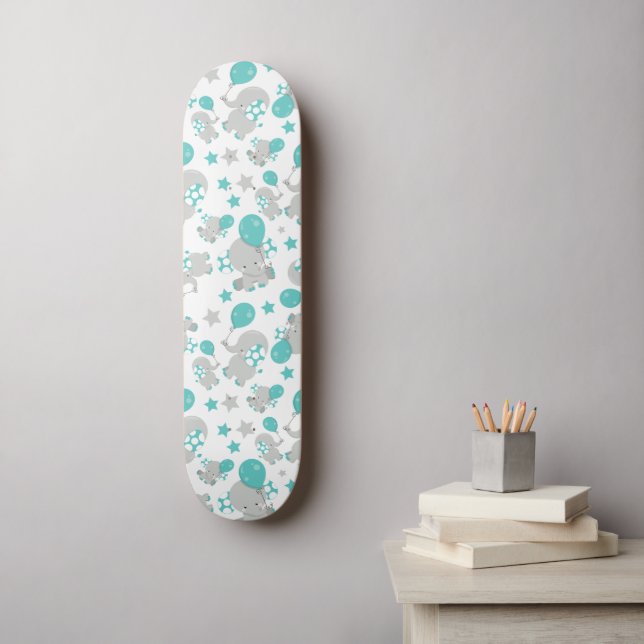 Elefantenmuster, Niedliche Elefanten - Blau grau Skateboard (Wandkunst)