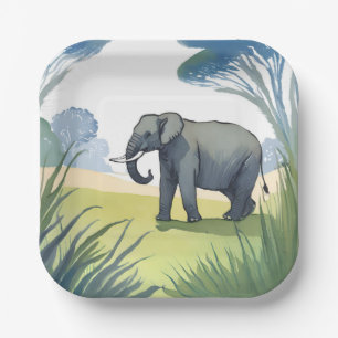 Elefantensafari   Schöne Natur Aquarell  Pappteller