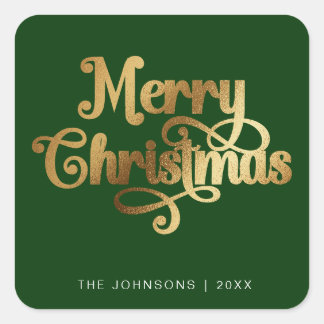 Elegan Green & Gold Frohe Weihnachtsschrift Custom Quadratischer Aufkleber