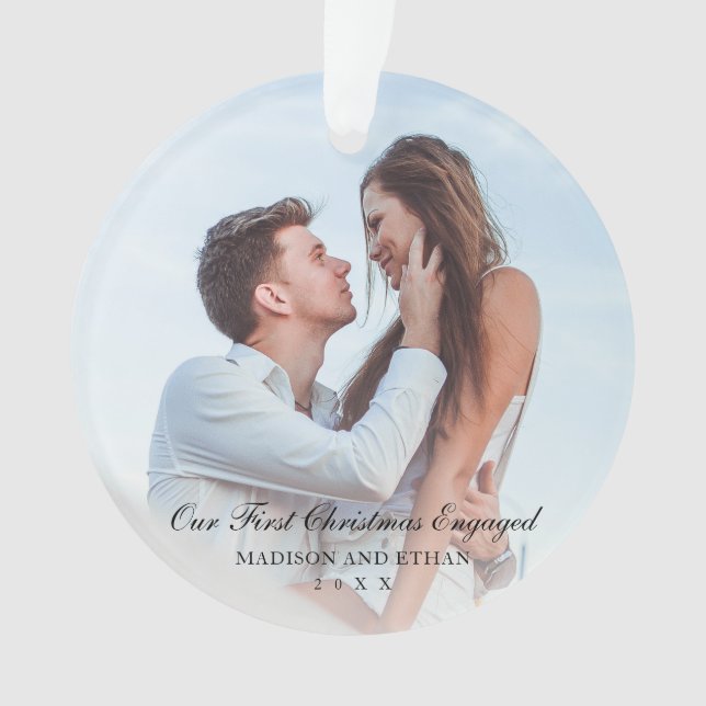 EleganBlack Our First Christmas Verlobtes Foto Ornament (Vorderseite)