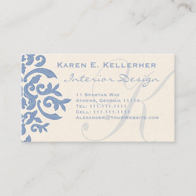 Eleganblau und Cream Damask Letter E Visitenkarte (Vorderseite)