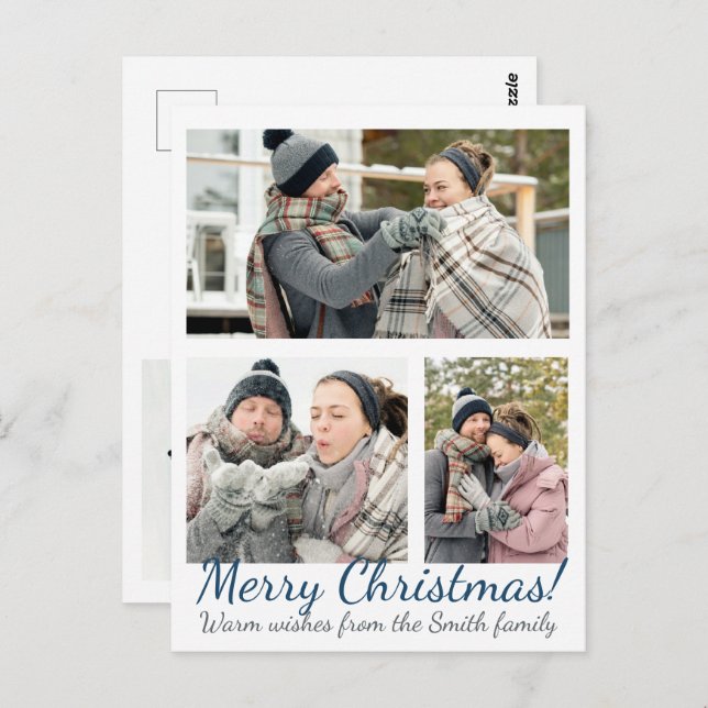 EleganBlue 3 Foto Calligraphy Weihnachten Postkarte (Vorne/Hinten)