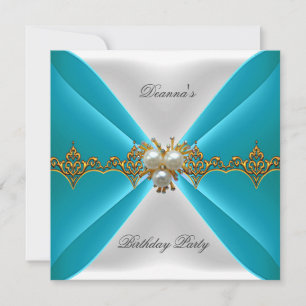 EleganBlue Aquamarin Birthday Gold Jewel White Sil Einladung