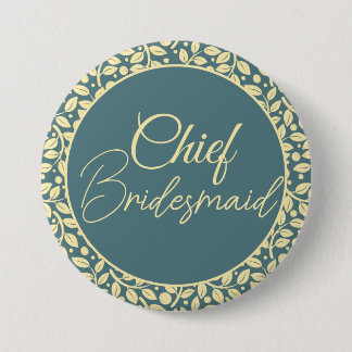 EleganBlue und Cream Leaf Chief Bridesmaid Button