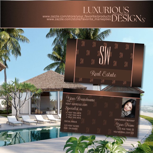 Eleganbraun mit Foto und Chic Monogram Muster Visitenkarte (Von Creator hochgeladen)