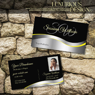 Elegance Black Wavy Silver Decor Initials Foto Visitenkarte