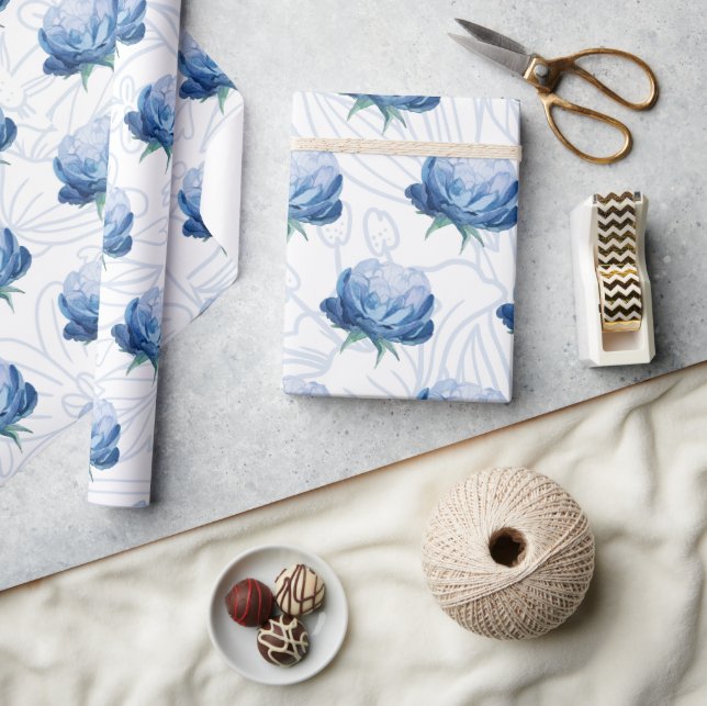 Elegance Blue Peony Botanical Wrapping Paper Geschenkpapier (Kunsthandwerk)