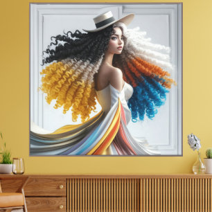 Elegance in Kontrast Curly-Hair-Frau Leinwanddruck