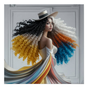Elegance in Kontrast Curly-Hair-Frau Poster