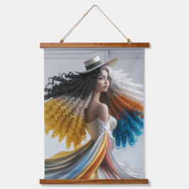 Elegance in Kontrast Curly-Hair-Frau Wandteppich Mit Holzrahmen