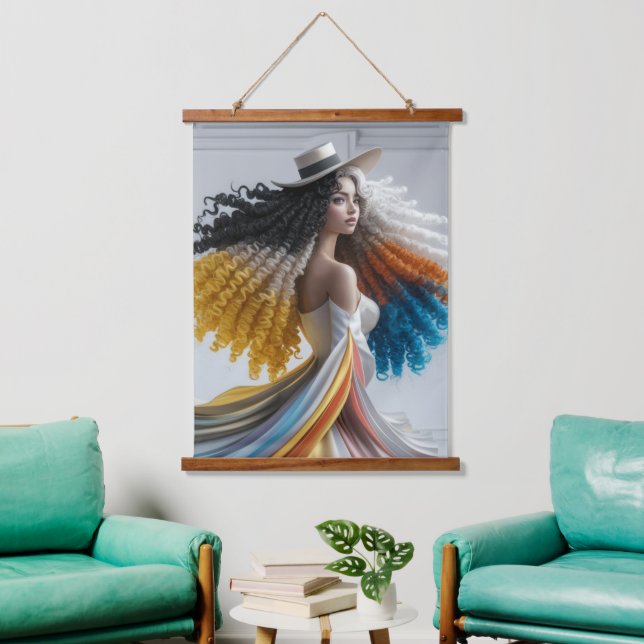 Elegance in Kontrast Curly-Hair-Frau Wandteppich Mit Holzrahmen (Wohnzimmer)