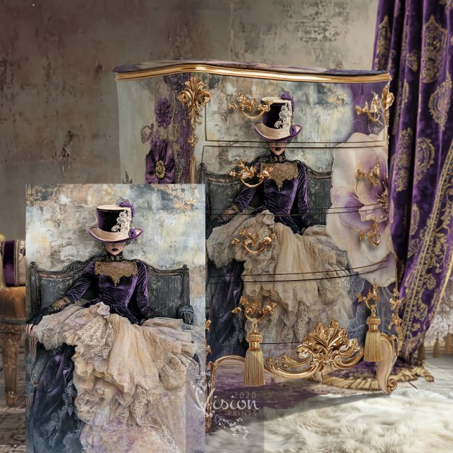 Elegance Lady Top Hat, Moody Lilac Lila Seidenpapier (Shabby Chic, Lady in a top hat, moody purple & lilac, bouffant portrait art decoupage tissue paper.)