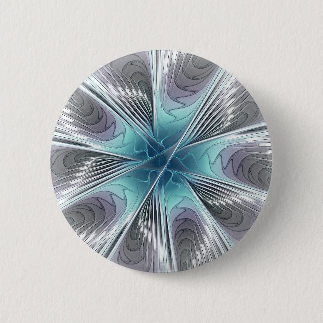 Elegance Modernes Blue Grau Weiß Fraktal Blume Button (Vorderseite)