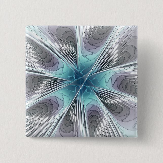 Elegance Modernes Blue Grau Weiß Fraktal Blume Button (Vorderseite)