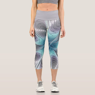 Elegance Modernes Blue Grau Weiß Fraktal Blume Capri Leggings